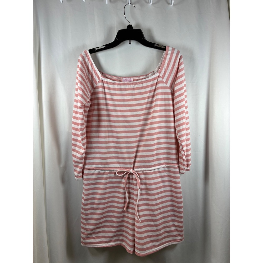 Pink Lily Womens Pink White Striped 3/4 Sleeve Drawstring Romper Size Large - Picture 1 of 4